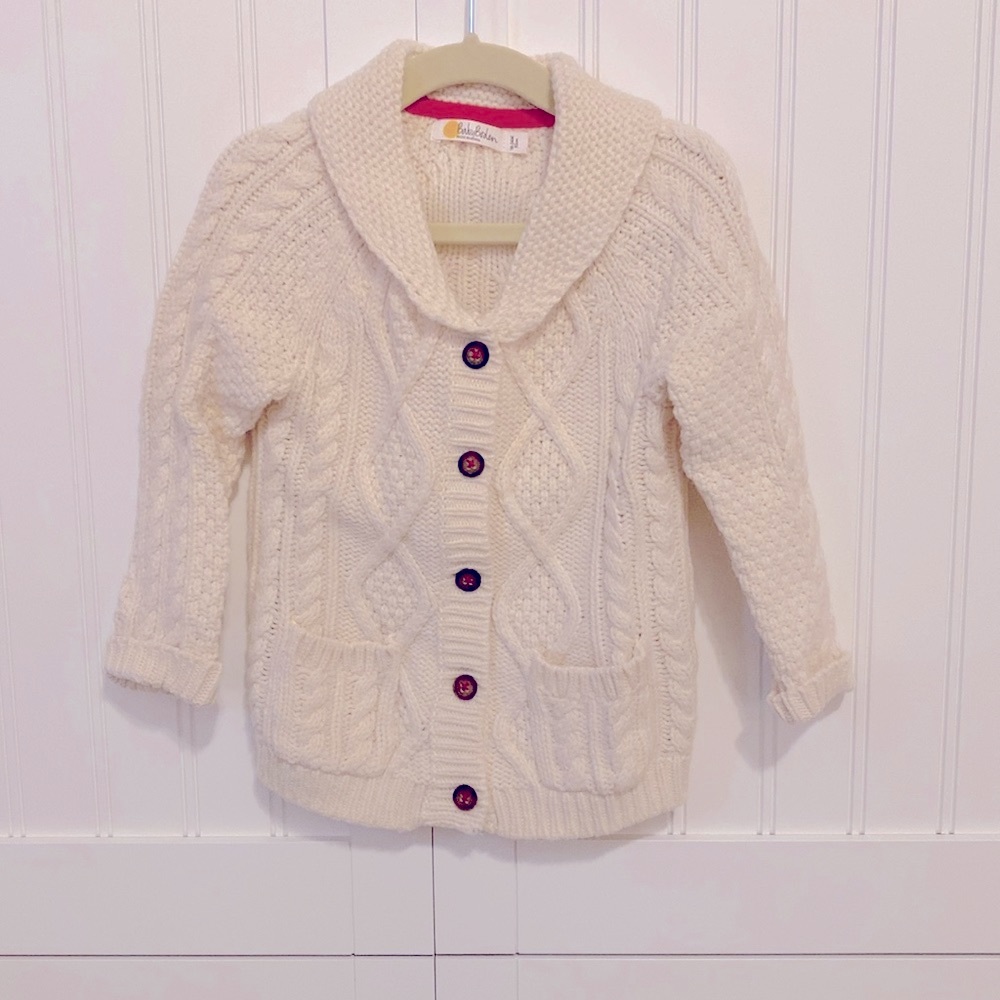 Baby Boden Boys Cream Ivory Cable Knit Cardigan Sweater Shawl Neck Size 18-24M